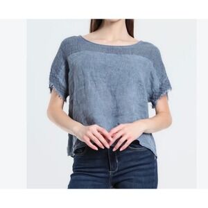 Tina Stephens Candi Frayed Mixed Media Top Navy Enzyme Linen Blend OS Made Italy